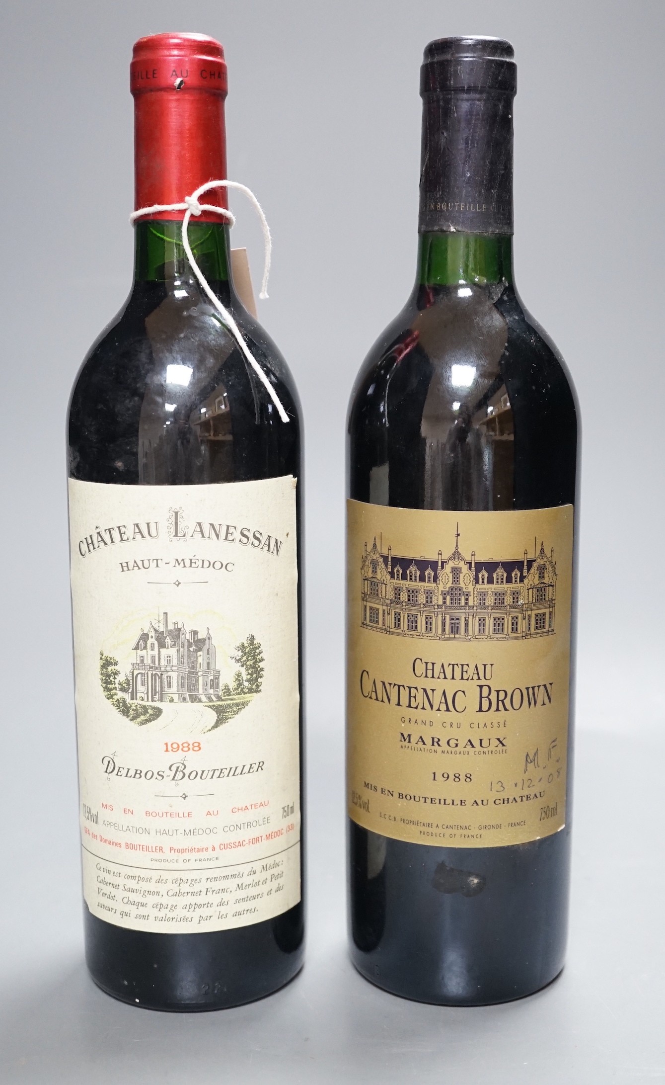Two bottles of 1988 French wine; 750ml of Château Lanessan Delbos-Bouteiller Haut-Médoc and a 750ml of Chateau Cantenac Brown Margaux